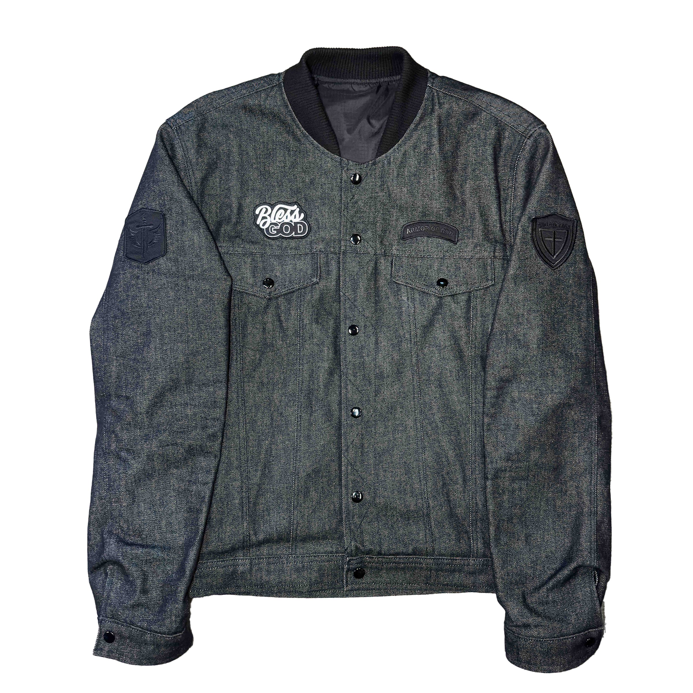 Reversible Armor of God Denim Jacket w/ Black Patches (American Made)
